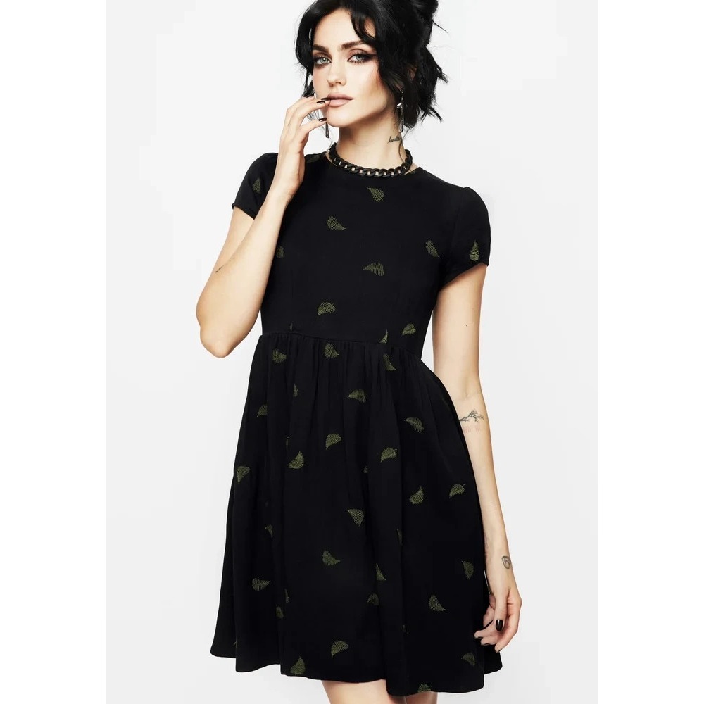 Disturbia Dress Womens 12 Black Osmunda Fern Embroidered Mini Skater Goth Grunge
